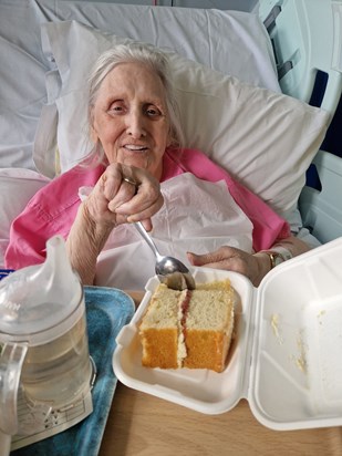 Nan with her Starbucks cake, it was so big she couldn't believe it was all for her 