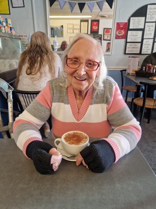 Nan having a coffee at her favourite cafe 