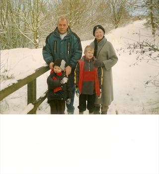 Dad (Paul), Nan, Sam and Martyn taking a walk in the snow, Dads favourite weather