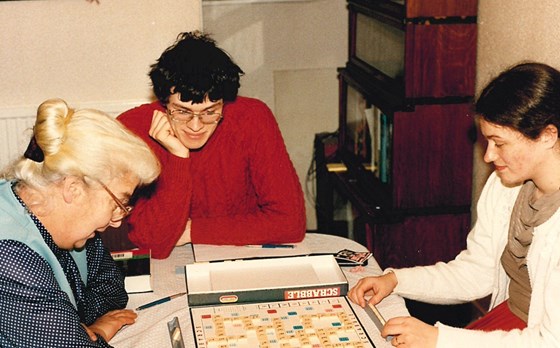 Sally playing Scrabble at Janet's first house