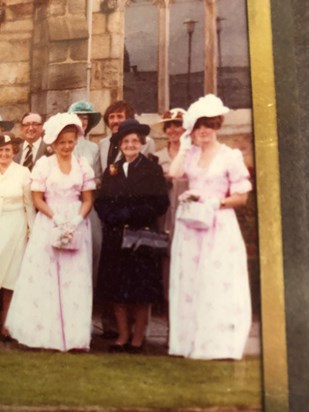 Janet and Derek’s Wedding day. Dilys and Derek behind Aunty Elsie and Joanne.