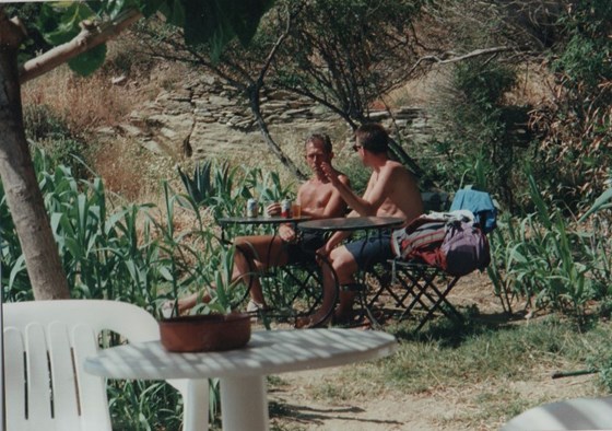 Malcolm and Tony chatting in a Greek garden