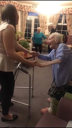 Edith 93 party dancing at Neville House with granddaughter Sammy