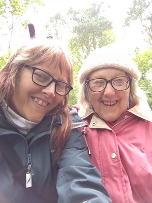 Mum on her seat Hanningfield (cheeky Marie, doing bunny ears)