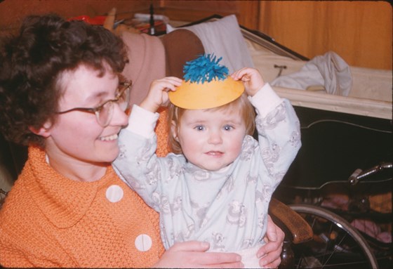 Mummy and Katie with funny hat