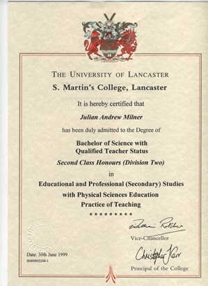 B.Sc degree + Qualified Teacher status [1999]