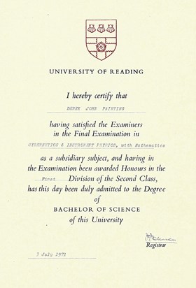 Derek's degree from University of Reading, 1971.