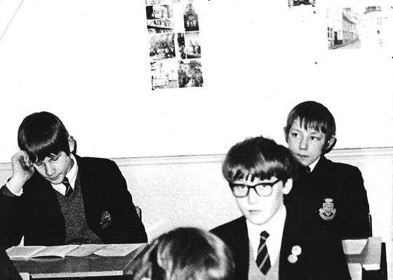 MGS 1972. Bob being studious, me daydreaming! Mark Hughes (specs). we were 13yrs old