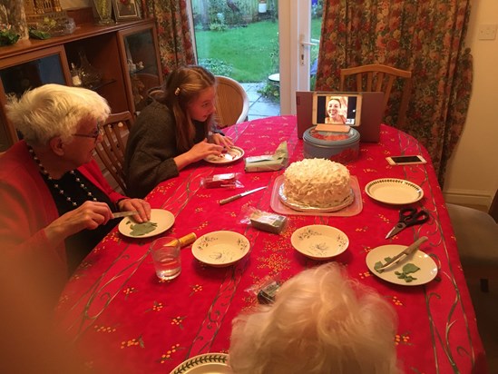 Mary joined us for a lovely Christmas in Monmouth in 2019. This is her making her cake decorations with Lily, Diane and myself (Lisa) for the cake Diane posted a picture of. Amy is joining as well as she can from Australia, on the iPad!