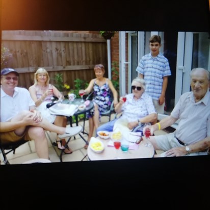 Brian, Dorothy ,Pamela with her husband Bill and son Christopher and Philip's wife Glenis having an aperitif before BBQ