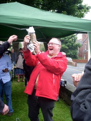 ITs Sumemr BBQ 2012: Jeremy's excitement when he realised that the beer stein the MA Class got him as a present had trains on it!