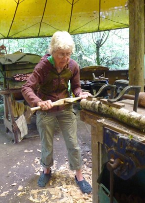 Jane always up for having a go! - turning her skills to making a green wood shrink-pot