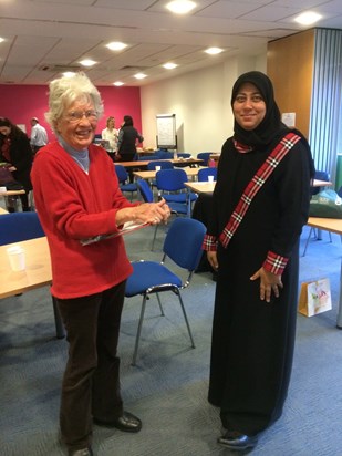 Jane at the NHA's annual Members' Day in 2013 talking to Uzma, a specialist teacher from Oman.