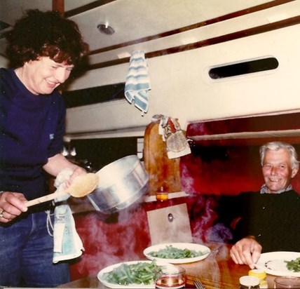 Jane cooking on Micks's boat - 1992