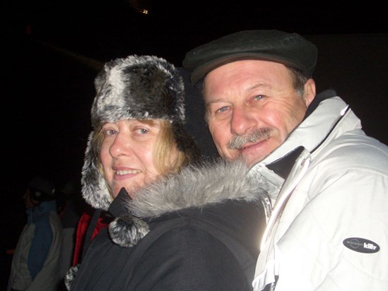 Mum and Dad enjoying a night lightshow at Obergurgl, Austria after a day's skiing in 2006