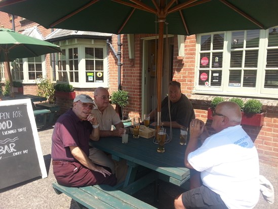 Alex with our good friends Ken, Rick and Bryan at a Dorset pub.