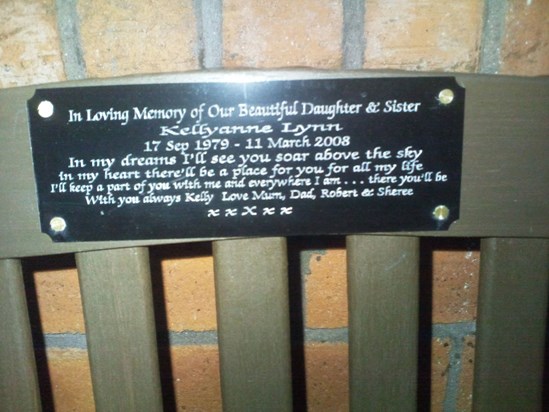 Kelly's memorial plaque on our garden bench xxXxx