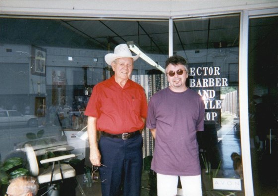 Dad with Ken in Rector, AR for the Labor Day parade in front of Uncle Glen's barber shop