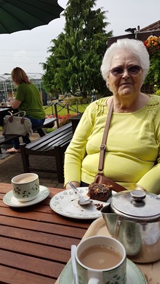 Pot of tea and a cake at the garden centre.