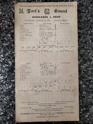 Dad's scorecard from his first Middlesex match at Lord's - 1937