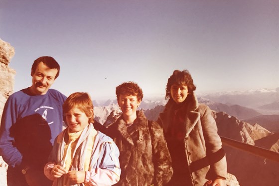 Colin, Athene, Briony and Sarah on the Zugspitze mountain, Bavaria in October 1985