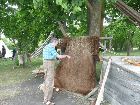 Colin inspects a buffalo hide at Lower Fort Garry, Manitoba, Canada