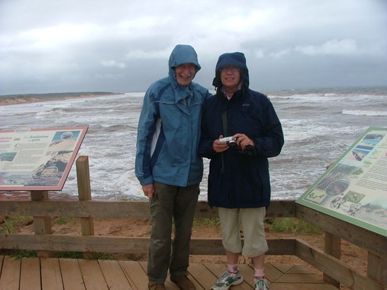 With Pat Johnstone in the rain at Cavendish Beach, Prince Edward Island