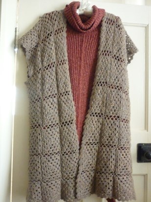 The wonderful waistcoat Babs crocheted for me.