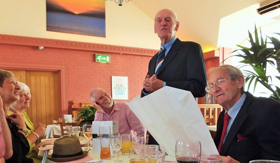 Derek's 80th birthday, with daughter Karen Pearson, cousin Richard Adams, and brother-in-law, Bill Faircloth