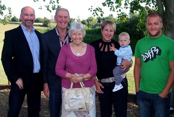 Derek with son Craig Adams, wife Doreen Adams, daughter Karen Pearson, grandson Richard Pearson and great-grandson Jack Pearson