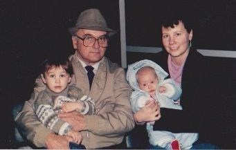 Grampa and Ian, Michele and Ethan, December 1985