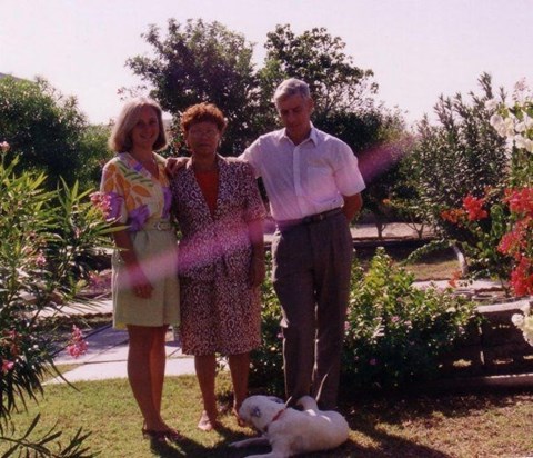 Frank, Phyllis & Jacquie in the garden in Dubai c 1997?