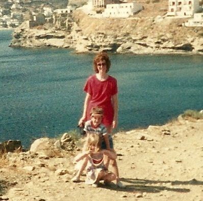 Becky with Alex and Kate on holiday in Andros in 1987