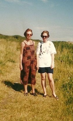A windswept Becky and her mum, Isabelle, on the Gower Peninsula circa 1998