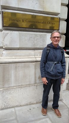 At the Foreign and Commonwealth Office building in Central London. Taken in 2019. The Alzheimer's was quite advanced, and he didn't really know where he was, but he liked this building as we walked past it, and asked to have his picture taken by it.