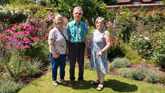 Roy, Liz and Carol at Mottisfont in the rose garden. 27 June 2019