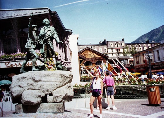 Chamonix France, with the statue pointing to the summit of Mont Blanc