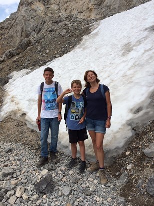 Encouraged her boys up to the snow line, Spain summer 2015