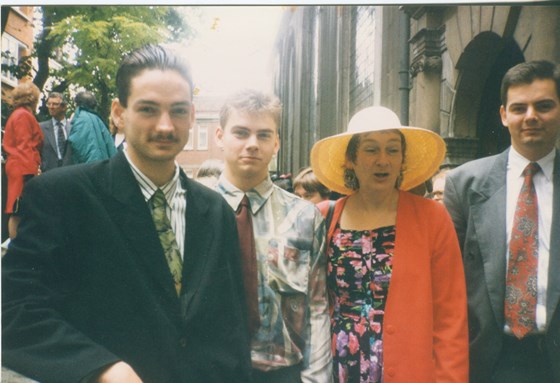 Barbara and sons [Meurig, Iestyn and John (left to right)] at nephew Ralph and Fiona's wedding