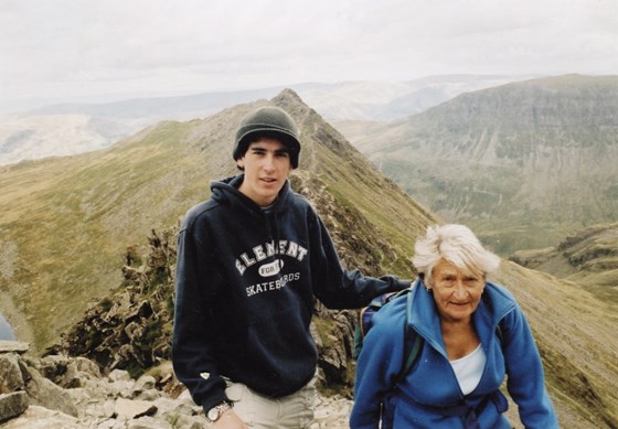 Sylvia with her grandson, Joe. Scrambling over Striding Edge, Helvellyn.