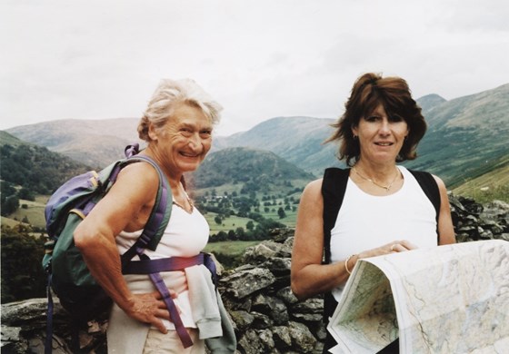 Sylvia with her daughter, Georgina, orienteering in the Lake District.