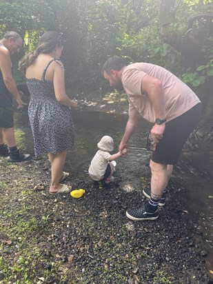 Grandpa, Jes, Roo & Steve playing in the river at the Woods July 2021