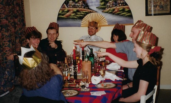 Lynne being correctly accused at our murder mystery dinner on new years eve 1996