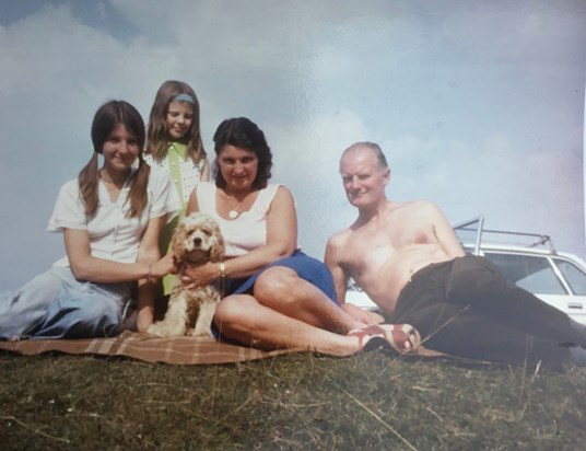 1978 Mum, Dad, my sister Corinne, myself and Muffet on a picnic at Cranborne Chase