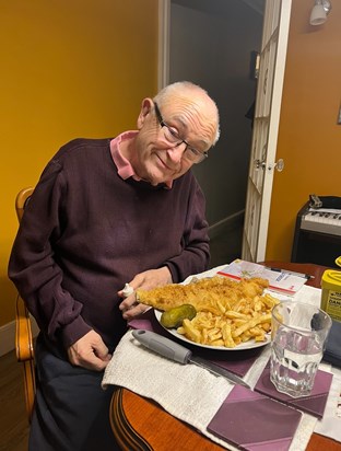 Enjoying his ‘Wolly’ from the fish and chip shop