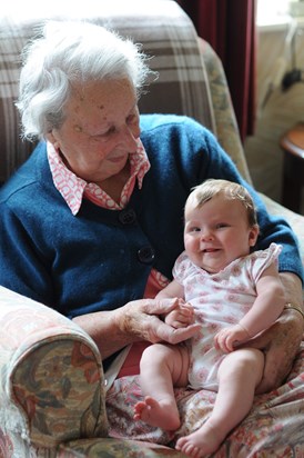 Freda meets her youngest great grandchild, Hannah. June 2016