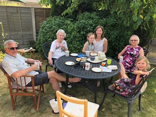 John, Freda, Catherine, Liz, Sheila and Hannah enjoy a garden barbecue in Bulkington. July 2018