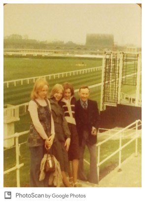 Den, Pam, Baz and Mr B., Chester race course, 1970s