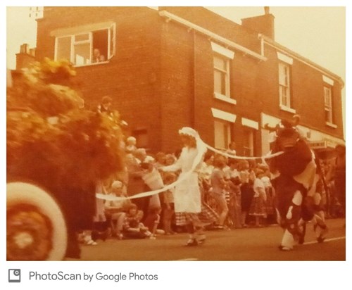 Pam as a milkmaid, Congleton carnival, 1970s