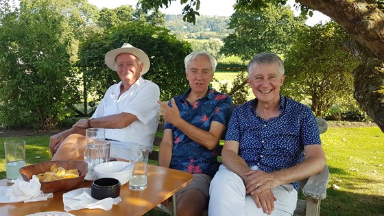 A golden moment at Grant's garden party in the summer of 2019. Richard being fantastic company as always, alongside Grant McIntosh and Tony Cooper - Sylvia's husband.